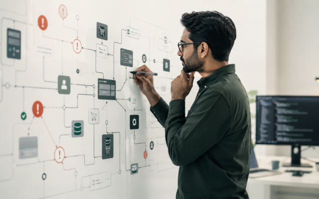 Professional engineer diagnosing system workflows and data flows before software development, emphasizing root cause analysis and problem solving.